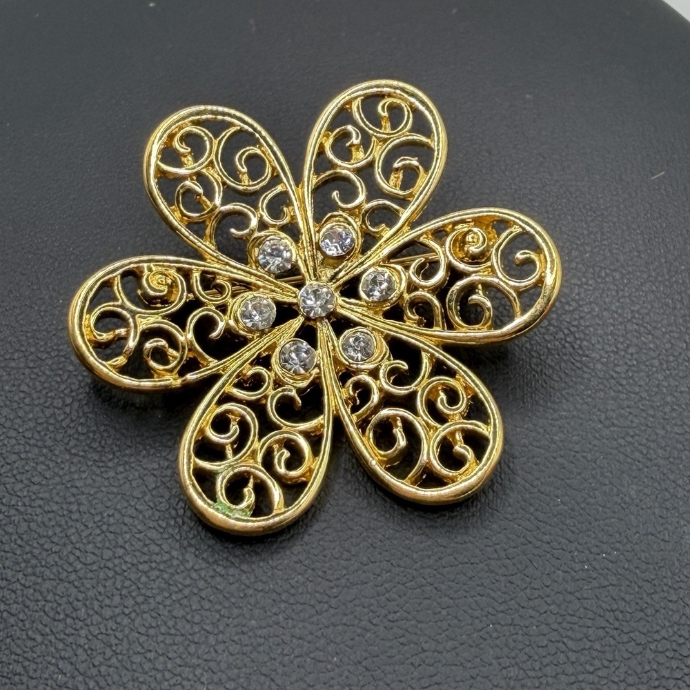 Vintage Crown Trifari Gold Tone Filigree Flower Brooch Rhinestone Pin Signed 60s